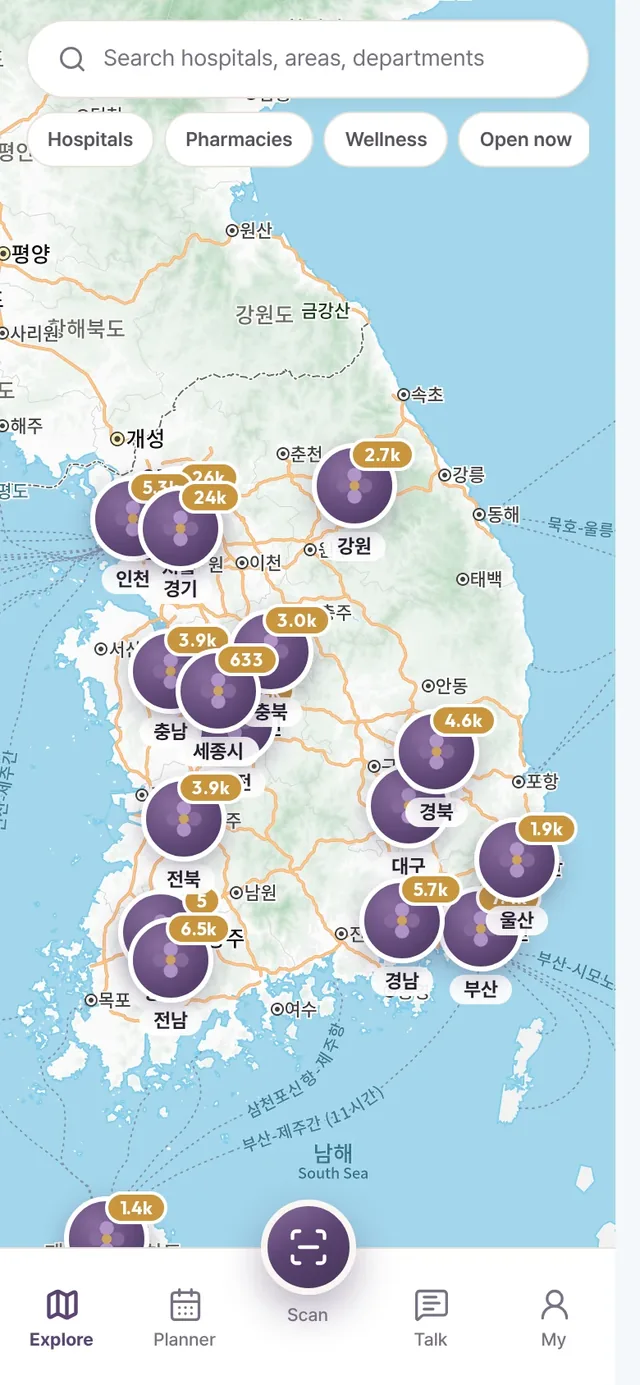 Mediscent 지도 화면 — 전국 의료기관을 3단계로 집계해 표시한 모바일 화면